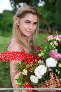 Christine Cardo Striptease from Red Polka Dot Dress Outdoors